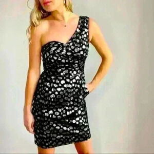 Gianni Bini Y2K One Shoulder black with metallic silver threaded spots-size 10